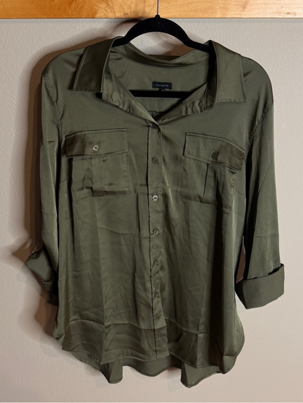 NWT Talbots Olive Green Button-Down Roll Sleeve Blouse